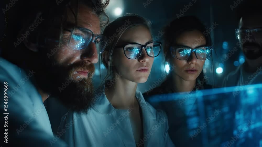 Poster four scientists wearing lab coats and glasses are looking and working on a futuristic transparent di
