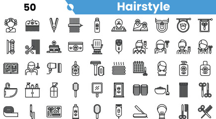A collection of stylish black and white icons representing various hairstyles and hairdressing tools.