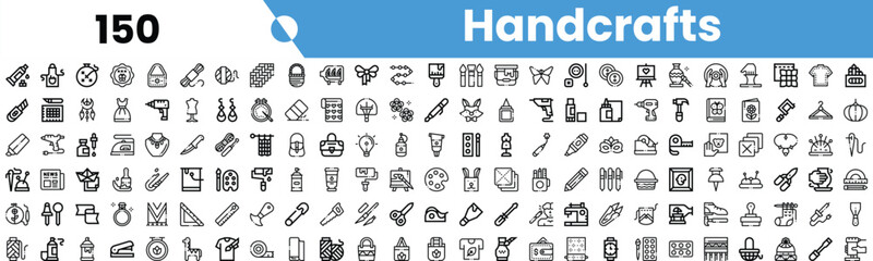 A collection of black and white icons representing various handicrafts, including tools, materials, and finished products.