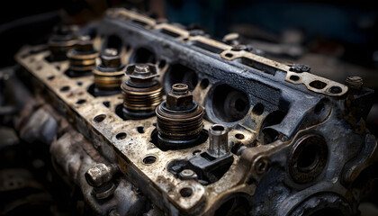 old car engine block open cover under service maintenance, repair internal fix camshaft cylinder head area