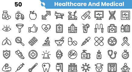 A collection of black and white healthcare and medical icons, including symbols related to fitness, medications, and diagnostics.
