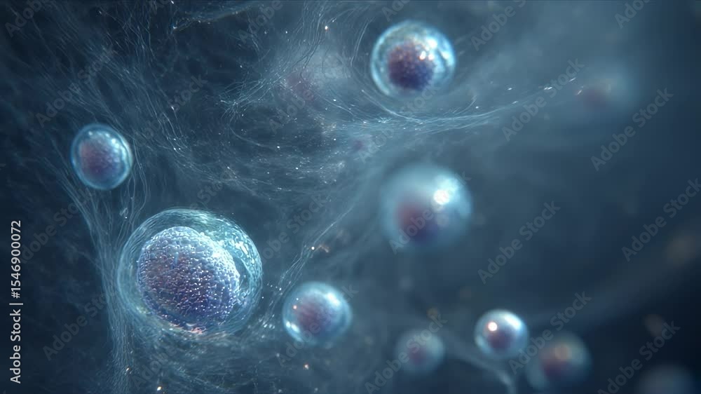 Poster microscopic view of cells growing and connecting within a network of fibers, representing advancemen