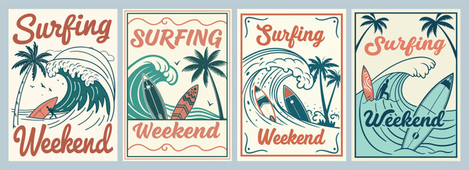 Vibrant Surfing Weekend Posters Showcasing Waves Surfboards and Palm Trees Inspiring Adventure and Fun in the Sun