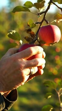 Autumn Harvest: Hands Select a Ripe Red Apple from a Branch in a Sunlit Orchard&mdash;Picking Fresh Fruit During the Fall Apple Picking Season in Golden Light