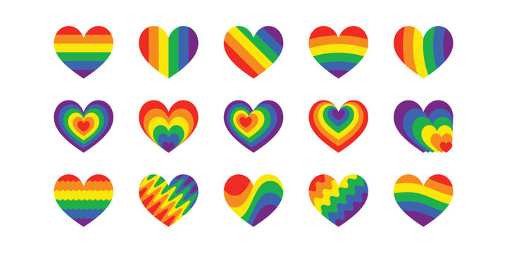 Colorful Pride Month collection featuring rainbow hearts, symbols of equality, and LGBTQ+ identity. A clean, flat illustration set perfect for June and beyond