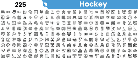 A diverse collection of hockey-themed icons featuring various equipment, symbols, and activities related to the sport.