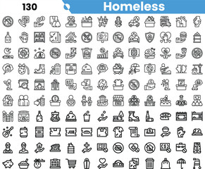 A collection of icons related to homelessness, each symbolizing various aspects of the issue including shelters, services, and community support.