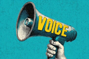 Vibrant pop art collage of hand holding megaphone - voice of protest and expression