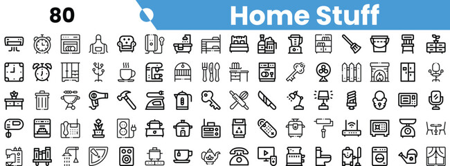 A collection of minimalist black and white icons representing various home items and appliances, showcasing a modern aesthetic.
