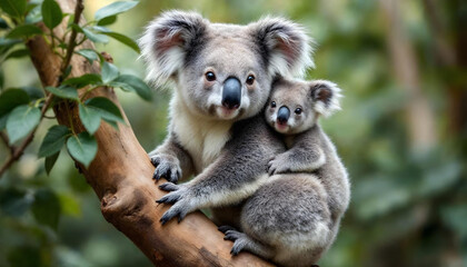 koala, koala bear, mother and baby, sitting on tree branch, photorealistic, high definition, detailed