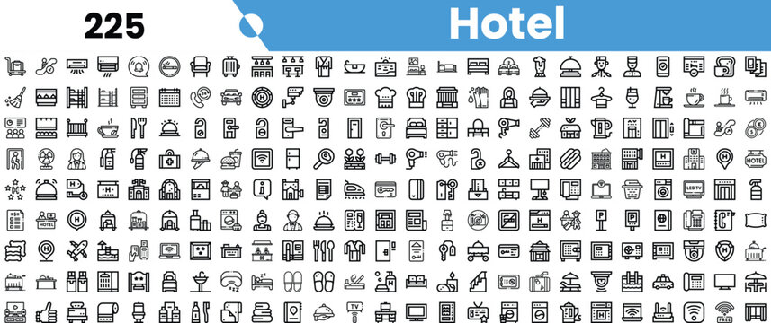 A comprehensive set of hotel-related icons in a modern black and white design, showcasing various amenities and services.