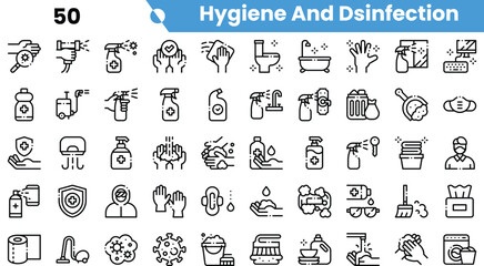 A diverse collection of icons depicting hygiene and disinfection practices, including handwashing, sanitizing, and protective measures.