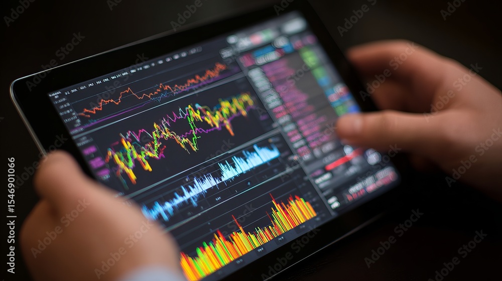 Poster financial data analysis on modern tablet device stock market investment trading graphs charts busine