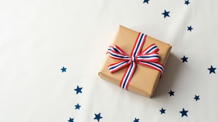 Obraz premium Celebratory gift box with patriotic ribbon on a starry background for July 4th Independence Day festivities