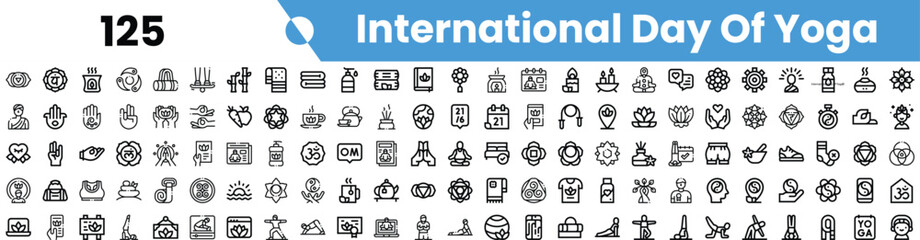 A collection of black and white icons celebrating the International Day of Yoga, representing various yoga poses, symbols, and related elements.