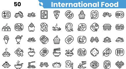 A collection of icons representing various international foods in a minimalist line art style.