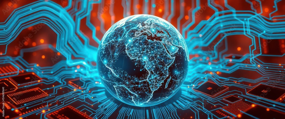 Aufkleber digital earth: a glowing globe interconnected with digital circuits representing global connectivity