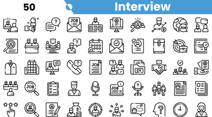 Collection of diverse job interview icons, featuring tools and scenarios related to recruitment and employment.