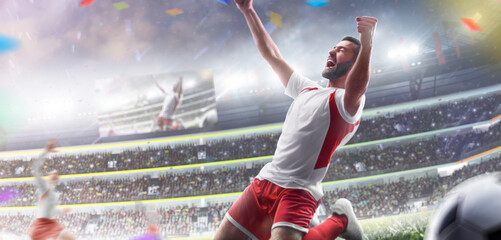Football winner. Soccer. Professional football player celebrates victory at an open stadium. Sports emotions. Confetti
