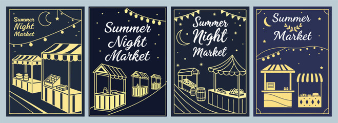 Summer Night Market Magic Illustrated Poster Designs with Stalls and Twinkling String Lights