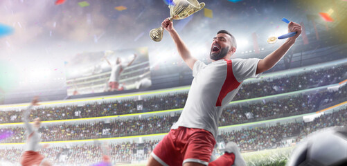 Football winner. Professional football player celebrates victory at an open stadium. Sports...