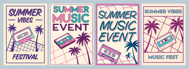 Vibrant Summer Music Event Posters Showcasing Retro Cassette Tapes and Palm Trees Inspiring Nostalgia and Fun in Design