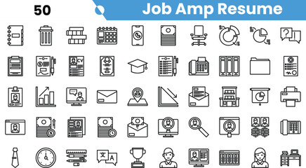 A collection of job and resume-related icons, including documents, graphs, and tools for career development.