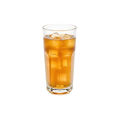 Glass of iced tea with lemon slice served cold on white background