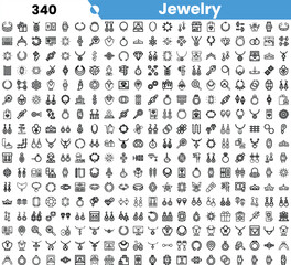 A comprehensive collection of jewelry icons featuring a variety of designs in black and white, ideal for fashion and design projects.