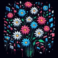 Pixel art flowers on a black isolated background. vector graphics. EPS.