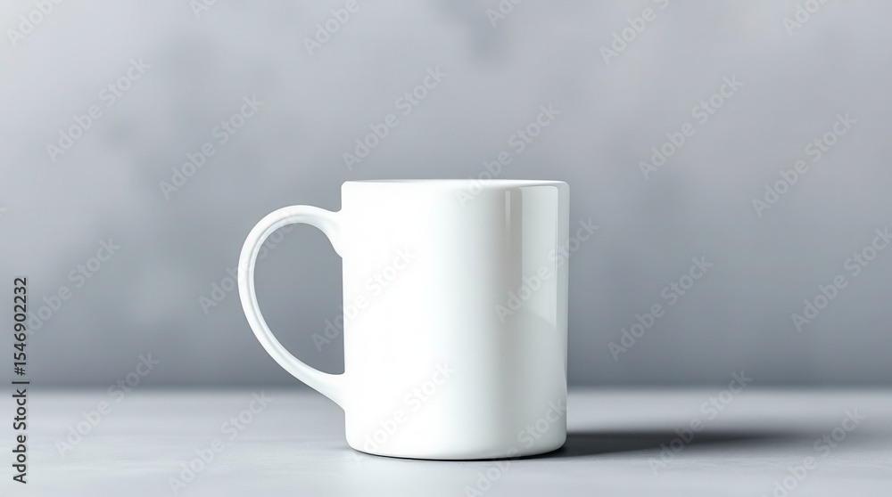Poster a minimalist image featuring a pristine white mug set against a serene gray background and surface.