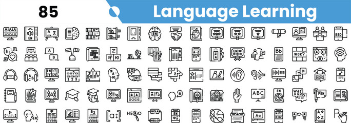 A diverse collection of language learning icons, featuring various tools and concepts for effective communication and education.