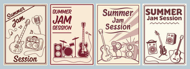 Summer Jam Session Poster Set Showcasing Vibrant Musical Instruments in Stunning Stylized Designs