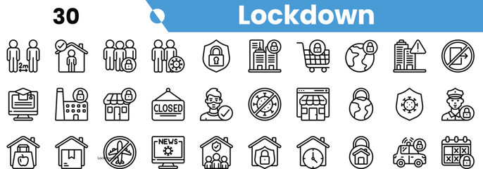 A collection of lockdown-themed icons illustrating social distancing, safety protocols, and closed businesses.