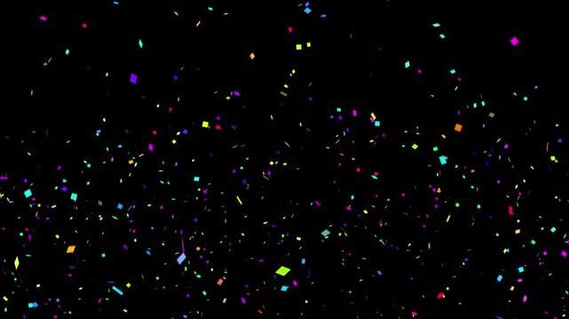 Confetti explosion. Colorful falling festive particles, stripes. Transparency is embedded in video. ProRes 4444