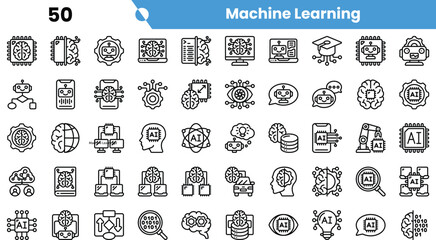 A diverse set of machine learning icons illustrated in a minimalist style, showcasing various concepts related to AI and data processing.