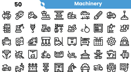 A diverse collection of machinery icons, showcasing various tools and equipment used in industrial settings.