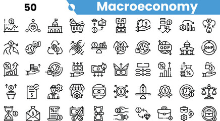 A collection of black and white icons representing various macroeconomic concepts such as currency, market trends, and inflation.