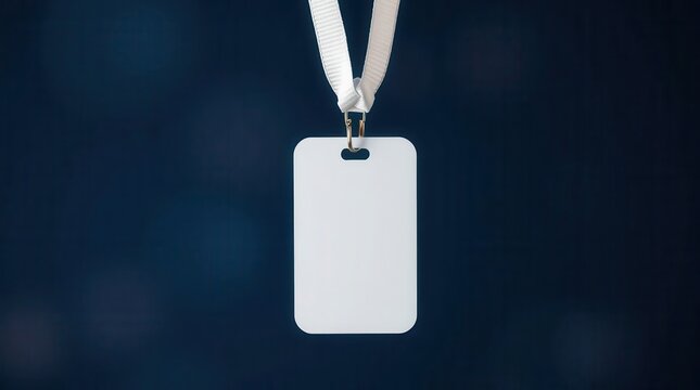 Hanging badge with white lanyard against a dark backdrop. The blank badge is centered, simple and clean.