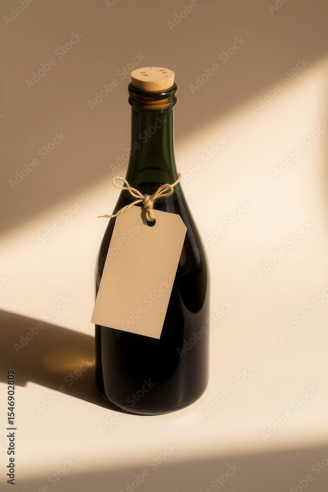 Poster dark bottle with a tan tag. a minimalist image of a wine or beverage bottle set in a simple backgrou