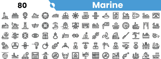 A collection of marine-themed icons in black and white, showcasing various maritime elements such as ships, lighthouses, and fishing gear.