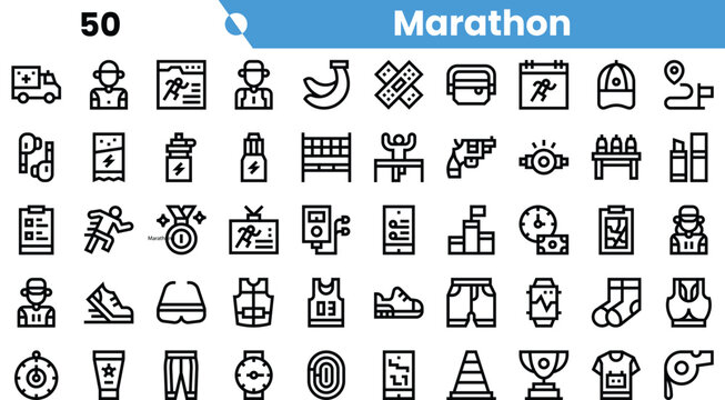 Collection of marathon-themed icons including runners, sports gear, and hydration essentials.