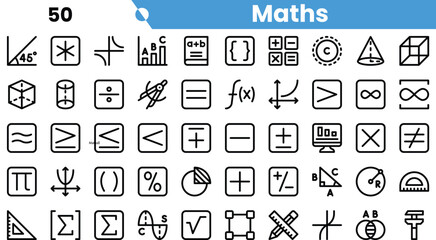 A collection of black and white mathematical symbols and icons, showcasing various concepts in math, ideal for educational materials.