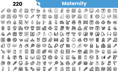 A diverse collection of maternity-themed icons in black and white, symbolizing various aspects of pregnancy and parenting.