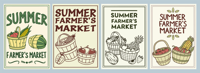 Vibrant Vintage Posters Showcasing a Summer Farmers Market Celebrating Fresh Produce with Stunning Design