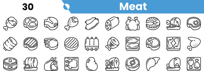 A collection of meat icons in a minimalist line art style, showcasing various cuts and types of meat including chicken, beef, and sausage.