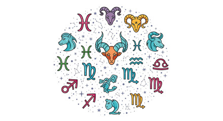 Colorful zodiac signs arranged in a circle on a white background with star constellations pattern