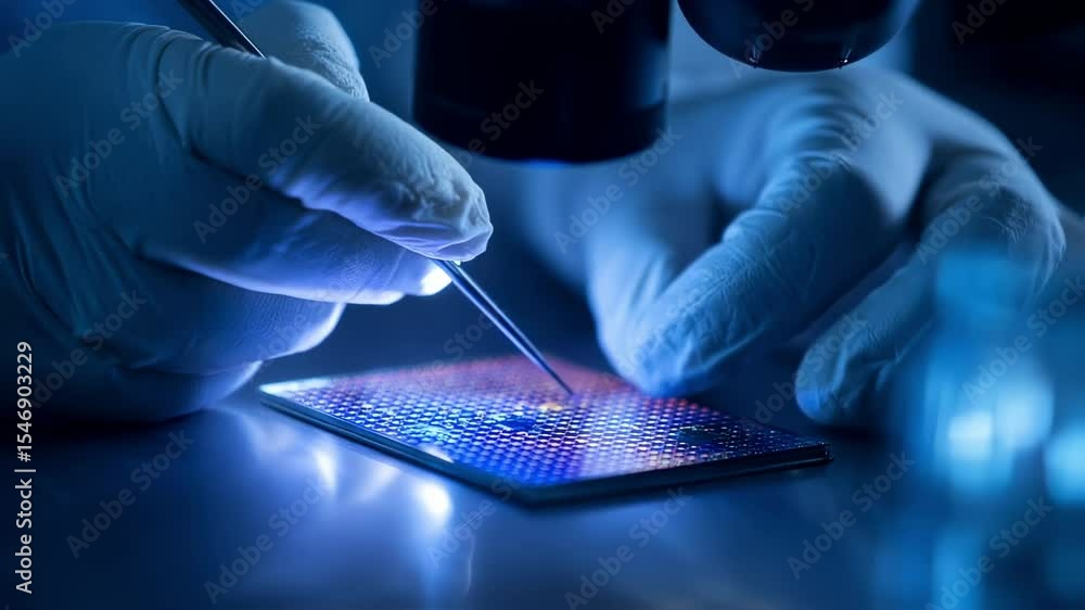 Poster gloved scientist meticulously analyzing microchip with tweezers under microscope in advanced laborat