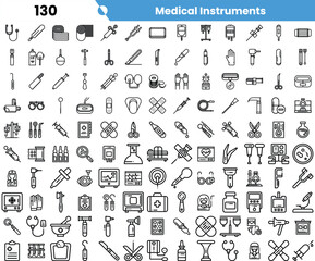 A comprehensive collection of black and white medical instrument icons showcasing tools like syringes, scissors, and diagnostic devices.
