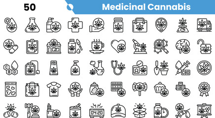 Collection of medicinal cannabis icons featuring various products and tools in a clean, minimalist style.